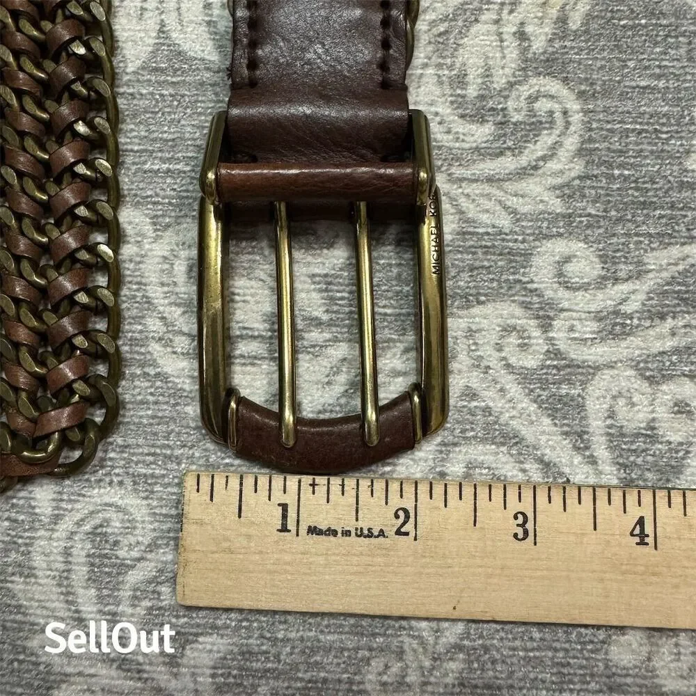 Men's Brown Braided Michael Kors Brass & Leather Belt with Brass Buckle